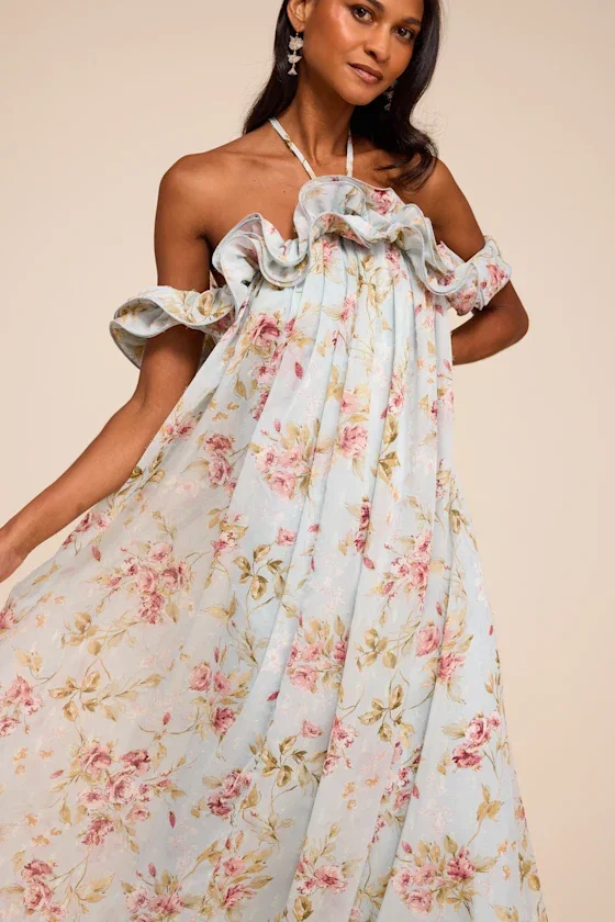 Image of Amia Light Blue Floral Ruffled Shift Maxi Dress