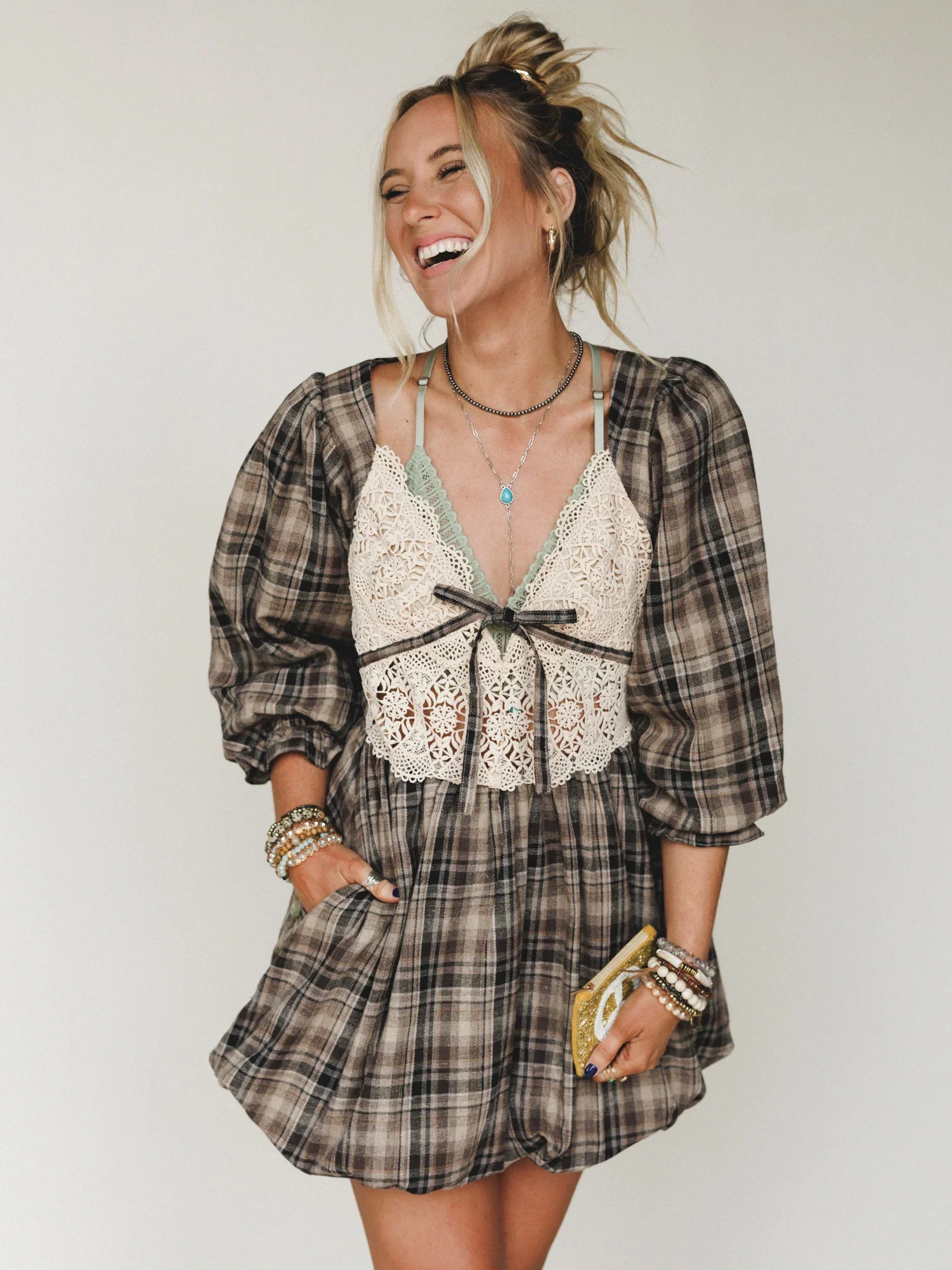 Image of Plaid Revival Mini Dress - Natural