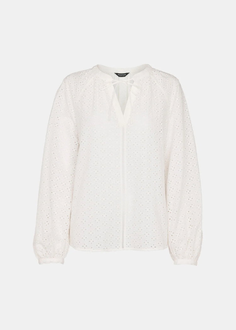 White Broderie V Neck Blouse