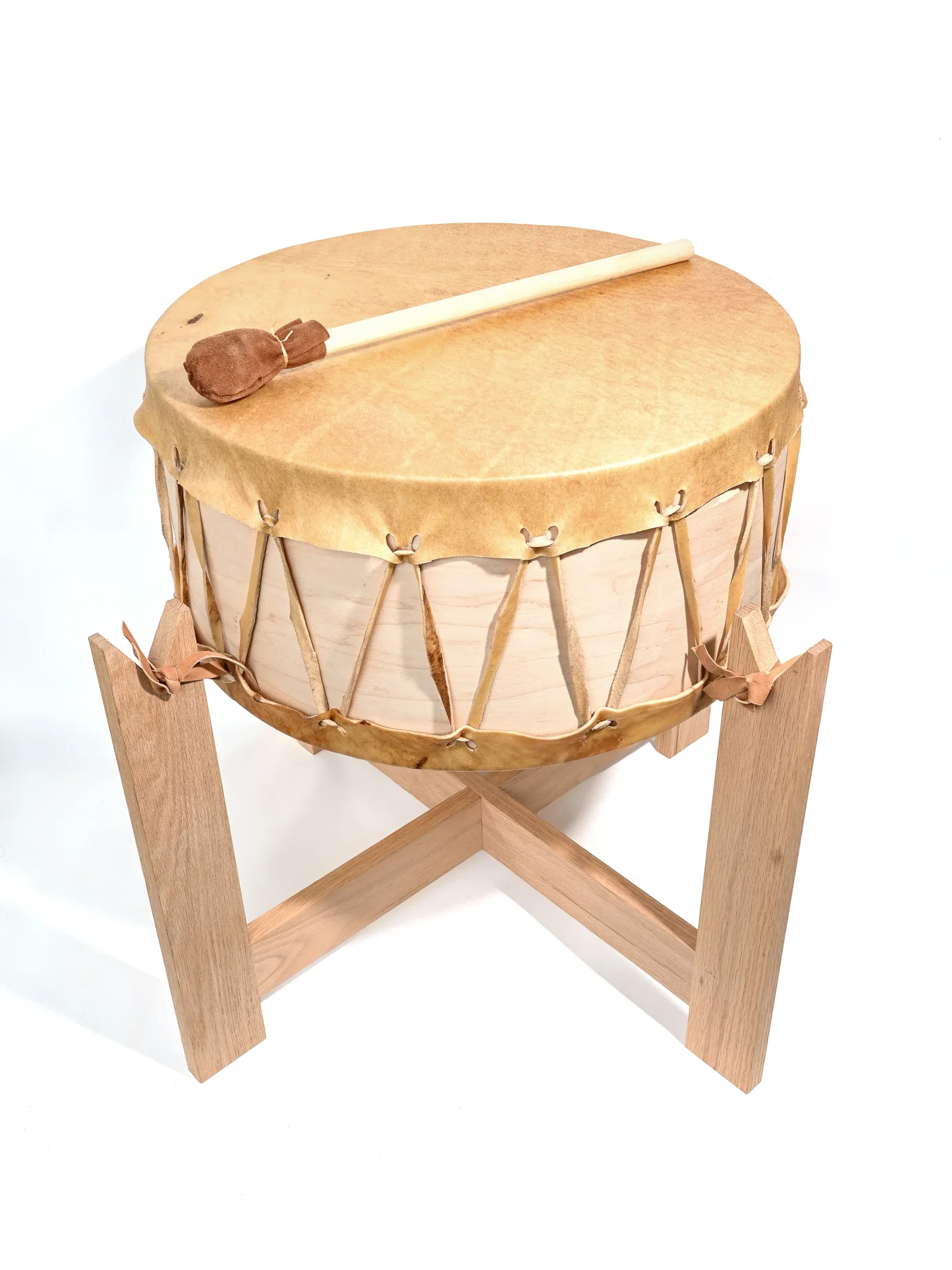 Image of Ceremonial Native American Style Buffalo Hide Double-Sided Drum with Stand