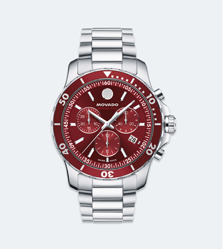 Movado Men's Series 800 Chronograph Deep Red Sunray Dial White Stainless Steel 42mm Watch 2600194