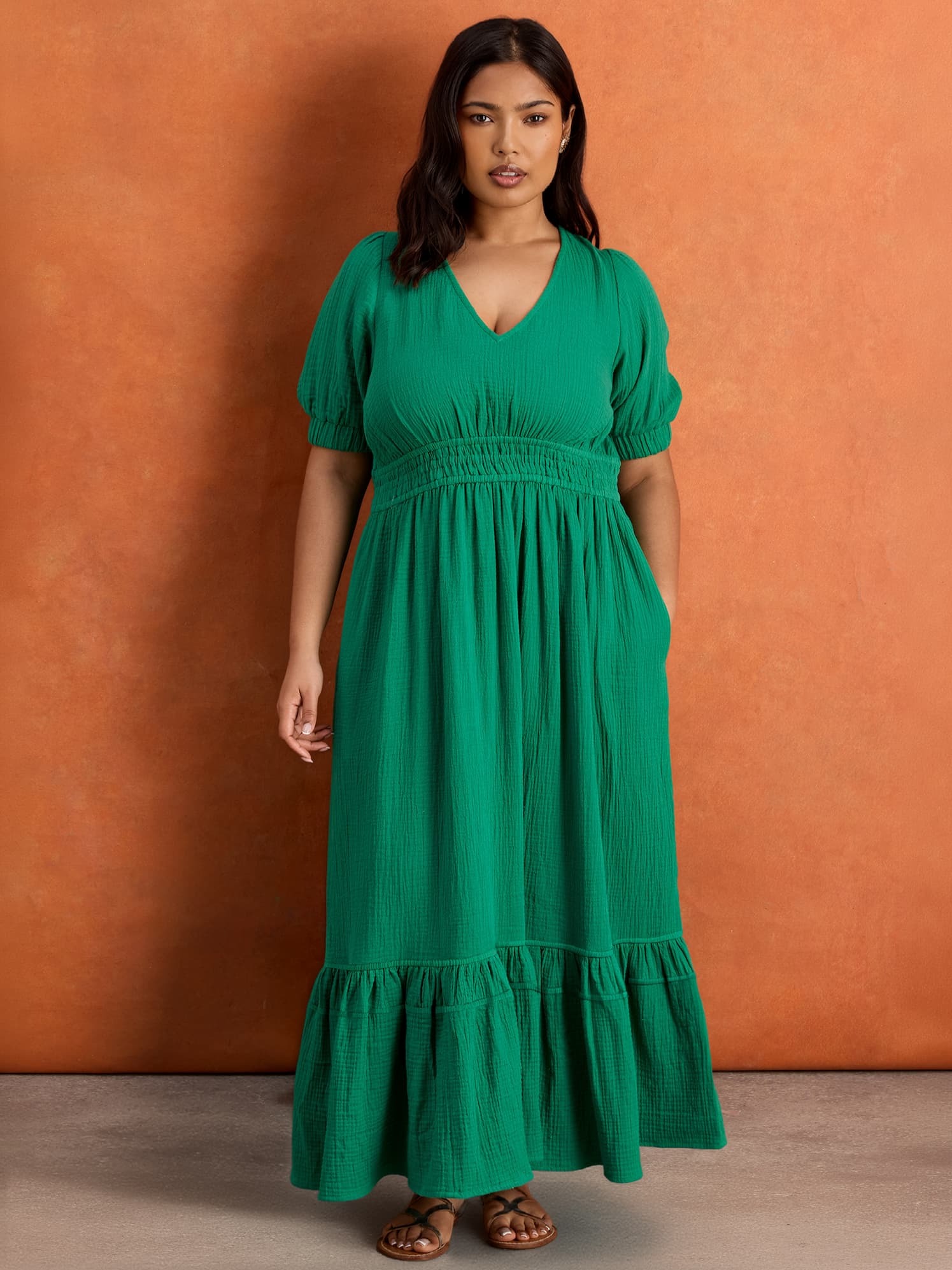 Green Cheesecloth V Neck Maxi Dress
