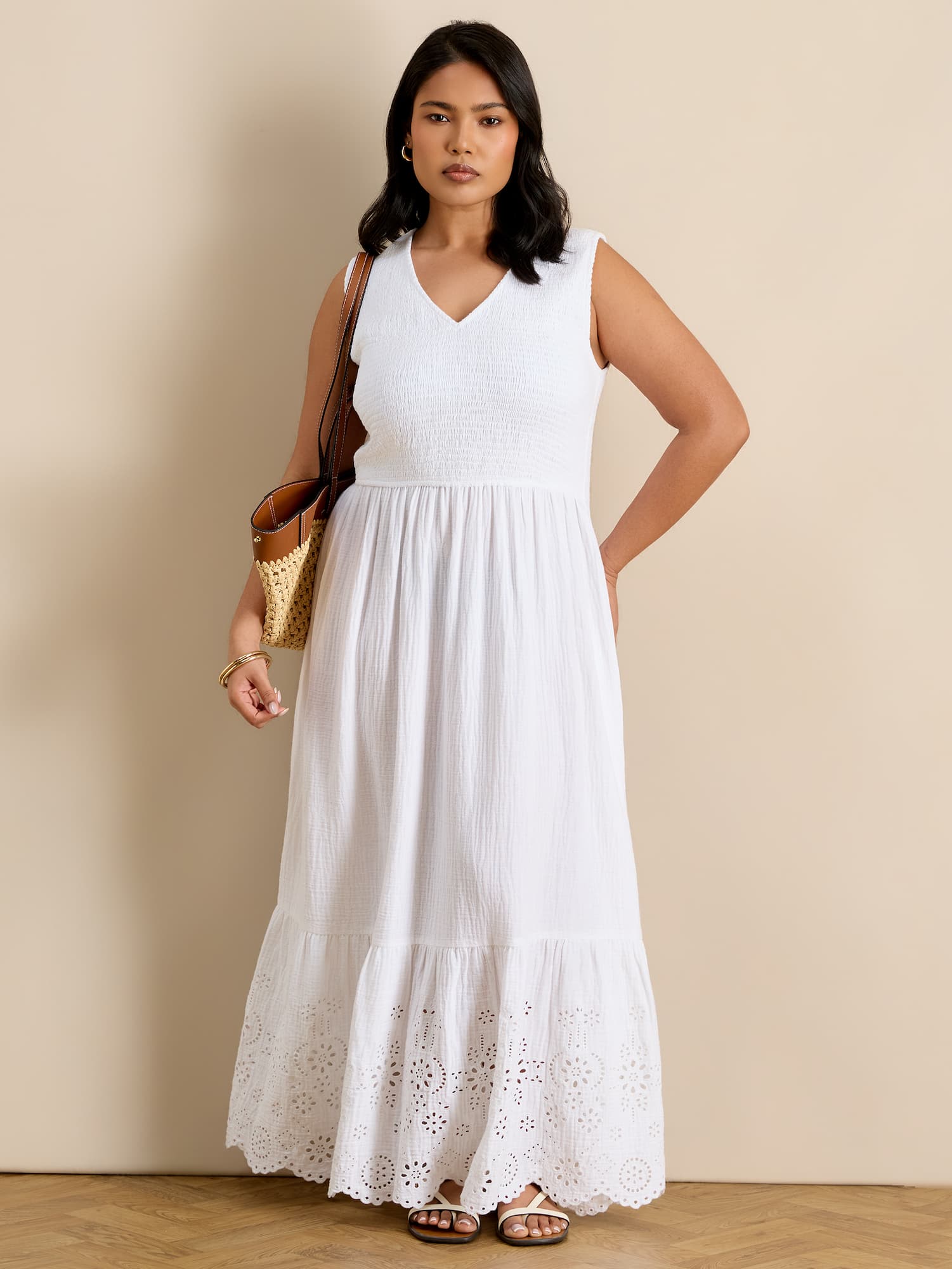 White Cheesecloth Shirred Bodice Broderie Hem Maxi Dress