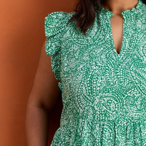 Green Print Cheesecloth Pintuck Knee Length Dress