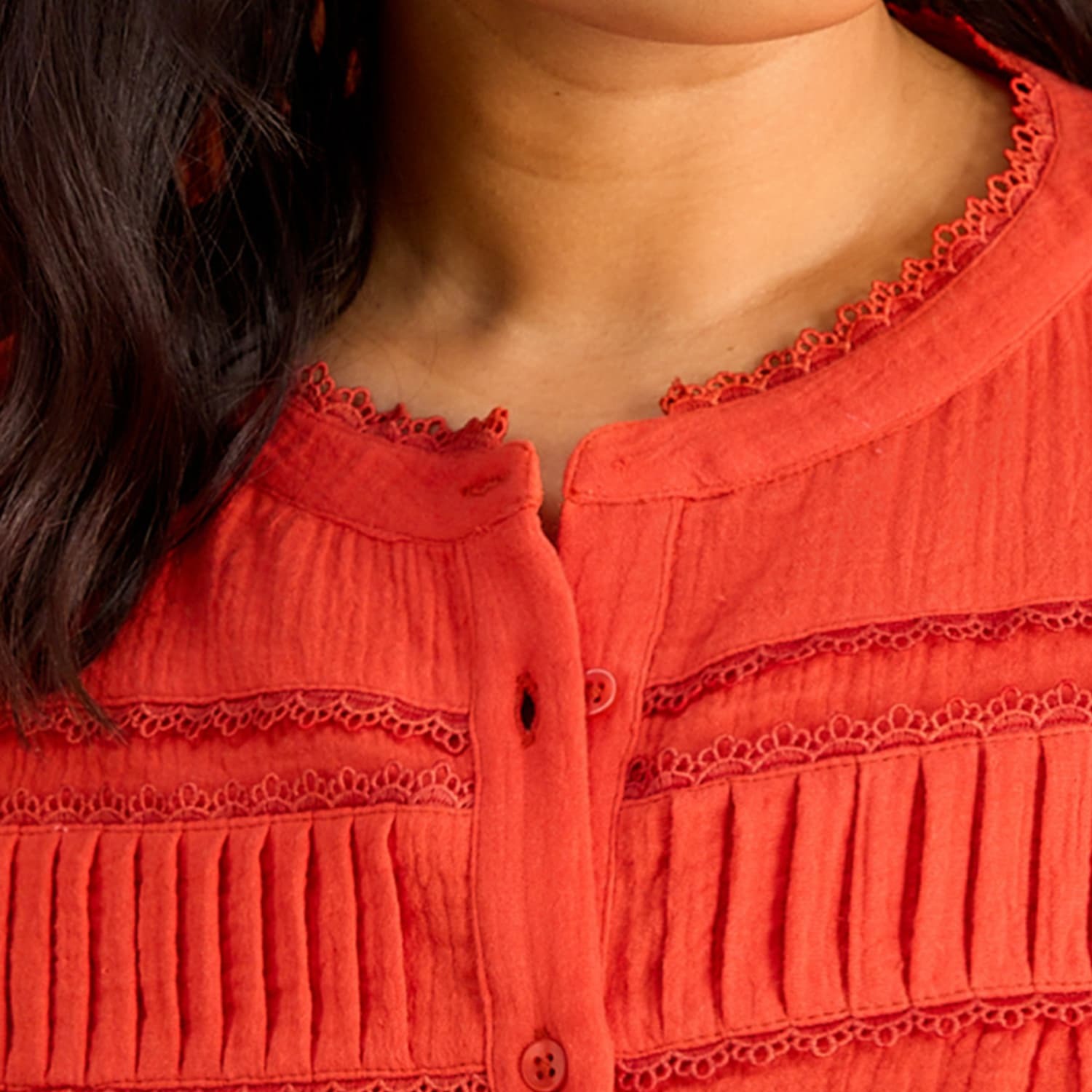 Red Cheesecloth Pintuck Detail Short Sleeve Blouse