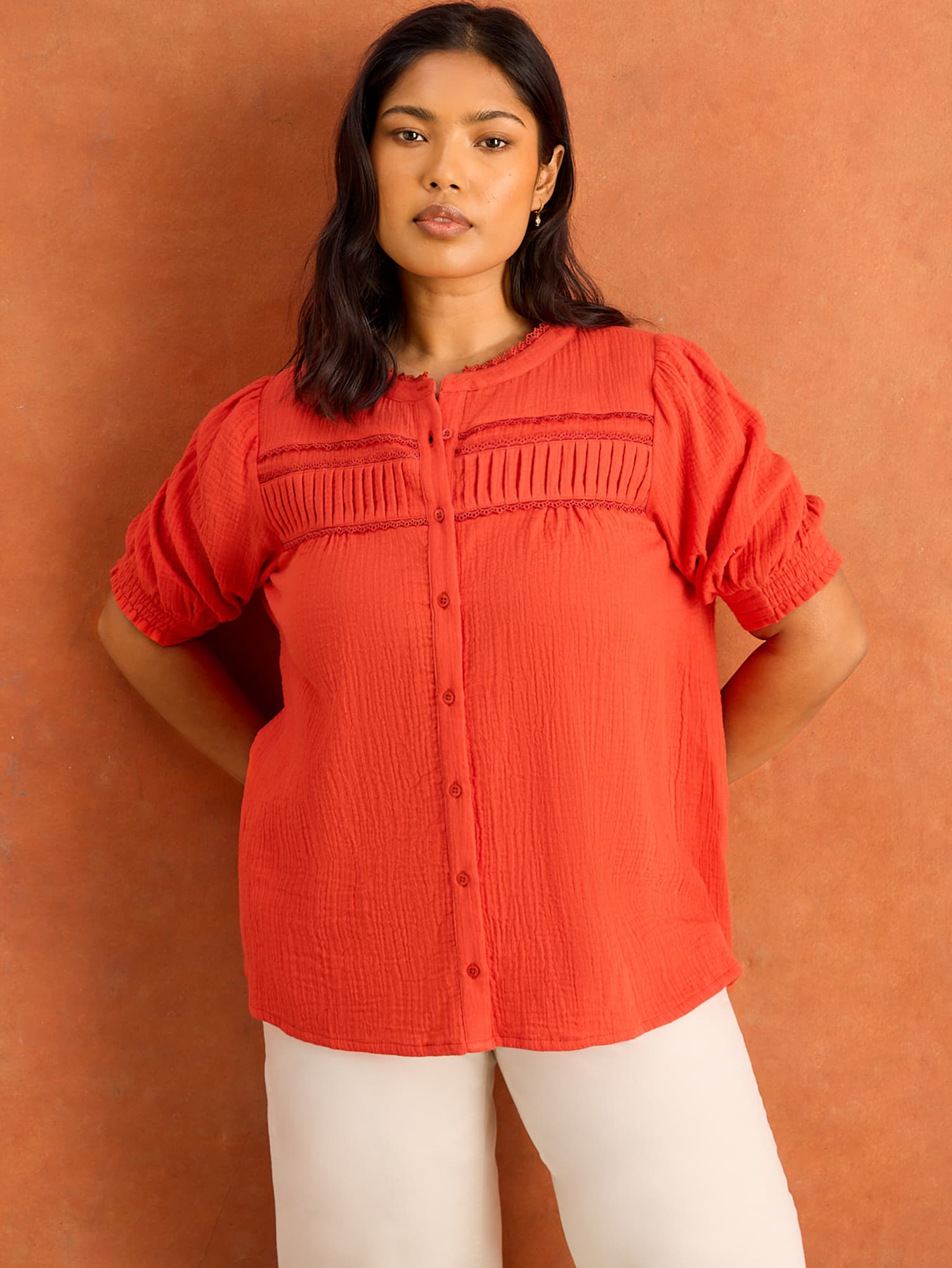 Red Cheesecloth Pintuck Detail Short Sleeve Blouse