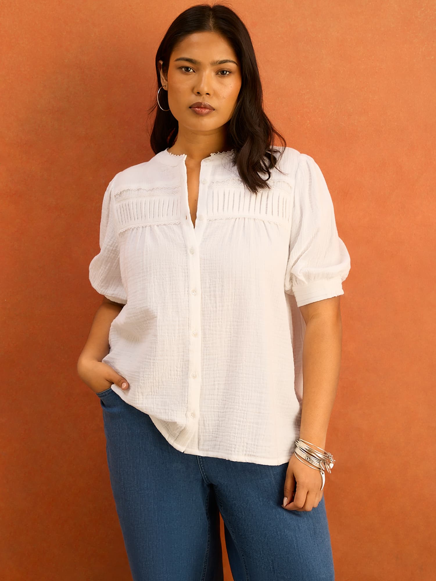 White Cheesecloth Pintuck Detail Short Sleeve Blouse