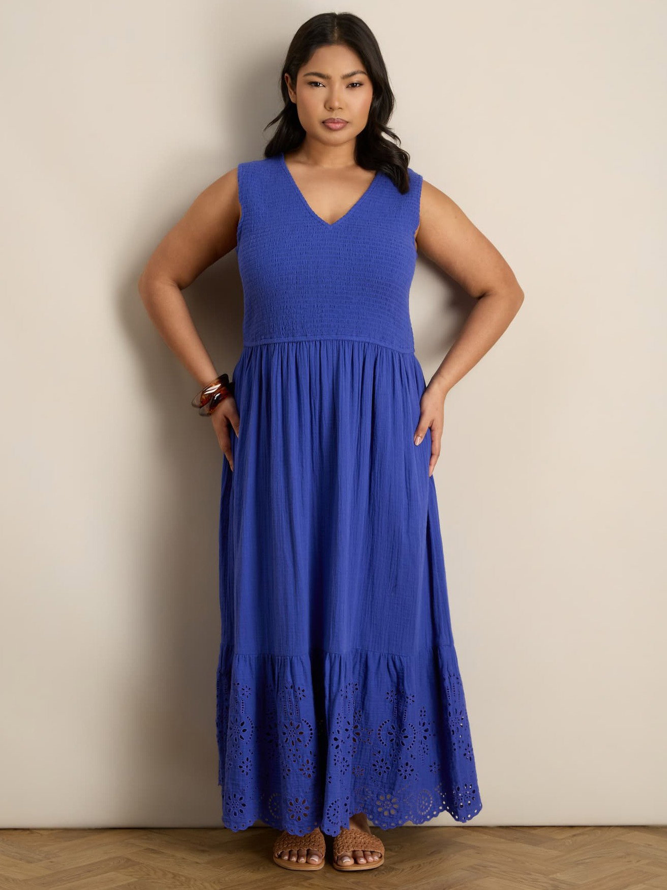 Blue Cheesecloth Shirred Bodice Broderie Hem Maxi Dress