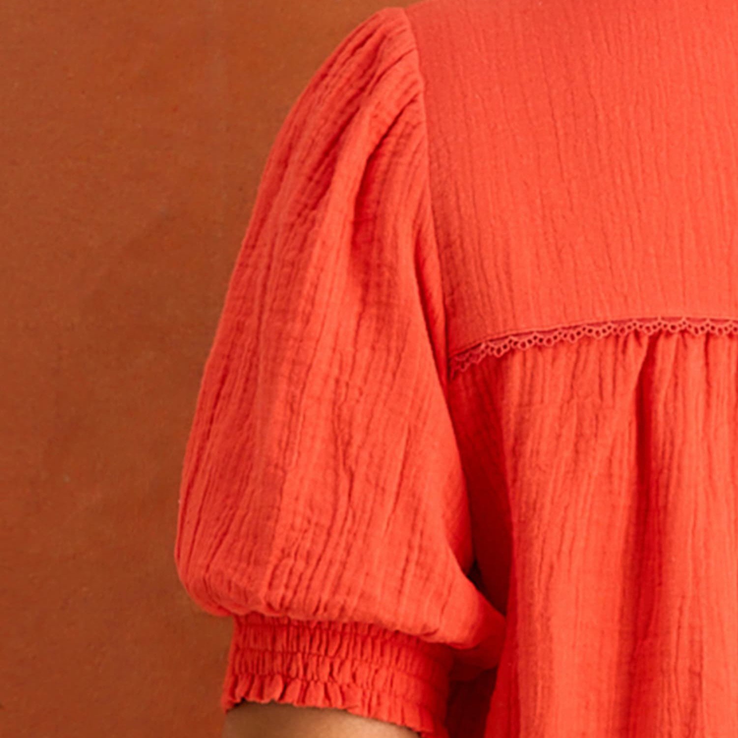 Red Cheesecloth Pintuck Detail Short Sleeve Blouse