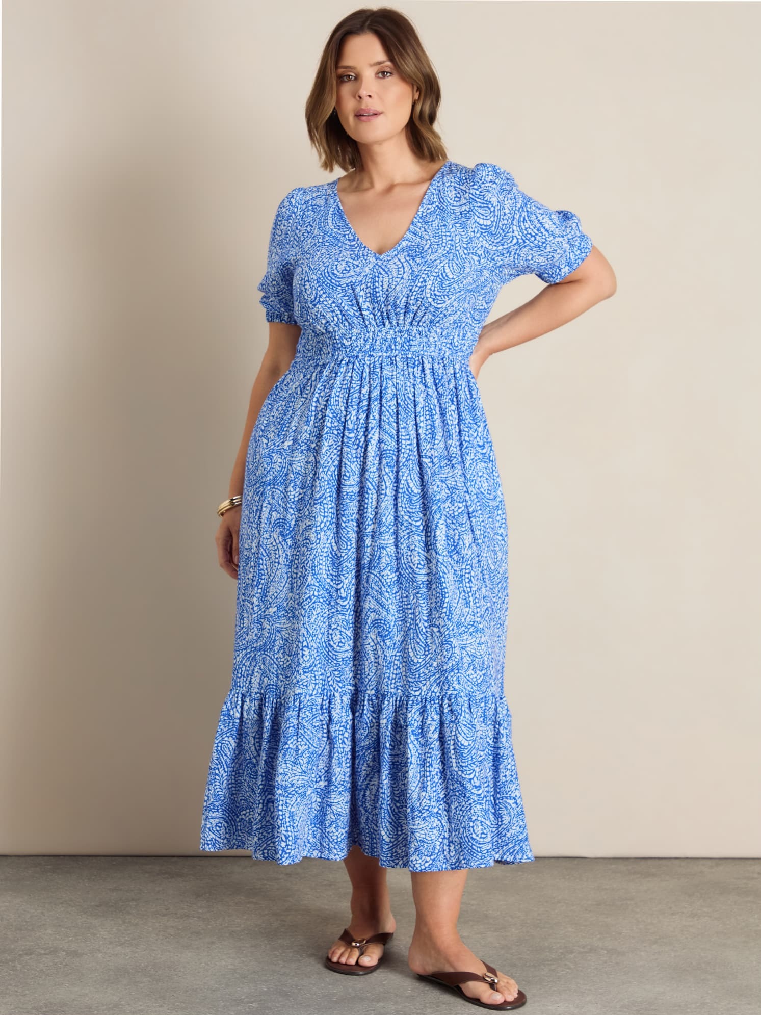 Blue Print Cheesecloth V Neck Maxi Dress