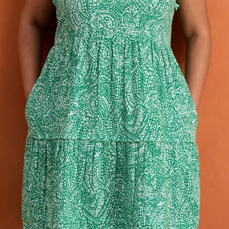 Green Print Cheesecloth Pintuck Knee Length Dress