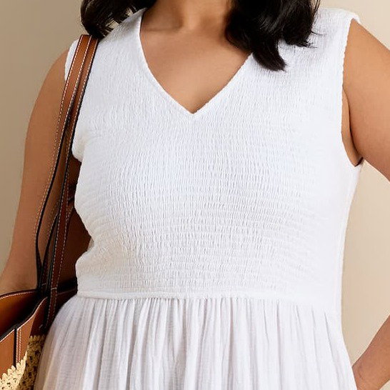 White Cheesecloth Shirred Bodice Broderie Hem Maxi Dress