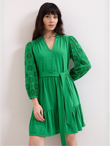 Florie Green Tie Waist Swing Dress