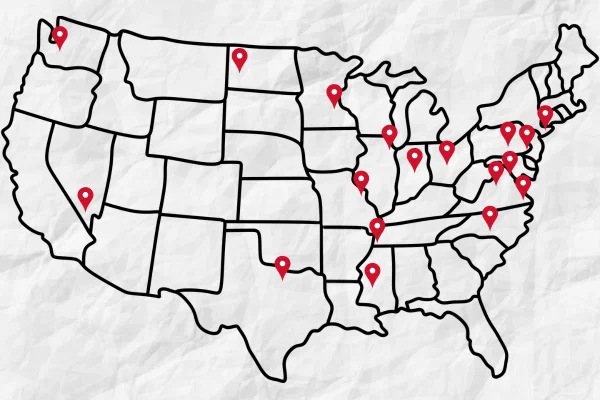 Map of the united states with red location markers for places West Music is exhibiting at workshops.