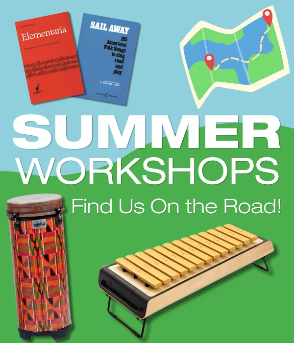“Summer Workshops. Find Us On the Road! Poster with music books, a route map, a drum, and a xylophone.”