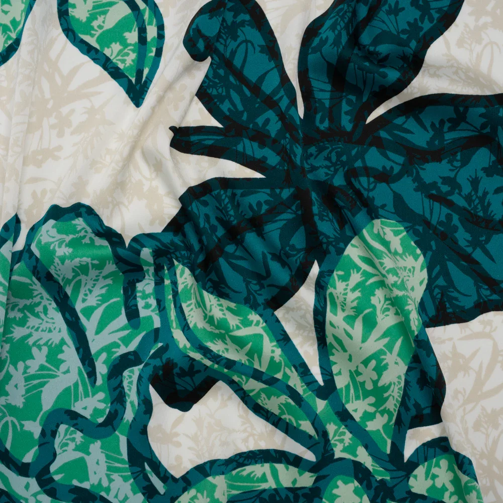 Image of Mechanical Stretch Polyester Charmeuse Print - Beige, Teal and Green Tropical Floral Borders - Designer Deadstock