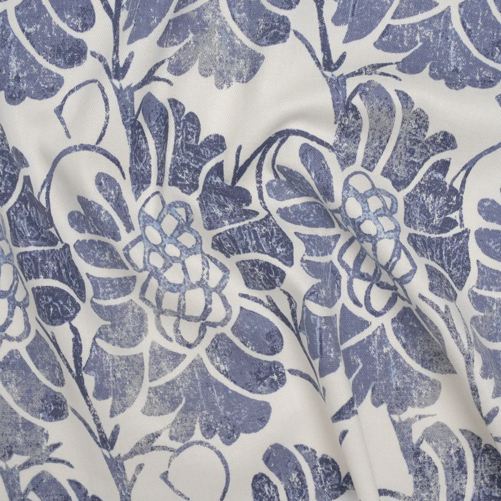 Image of Stretch Linen, Cotton and Viscose Blend Twill Print - Muted Blue and White Floral - Deadstock