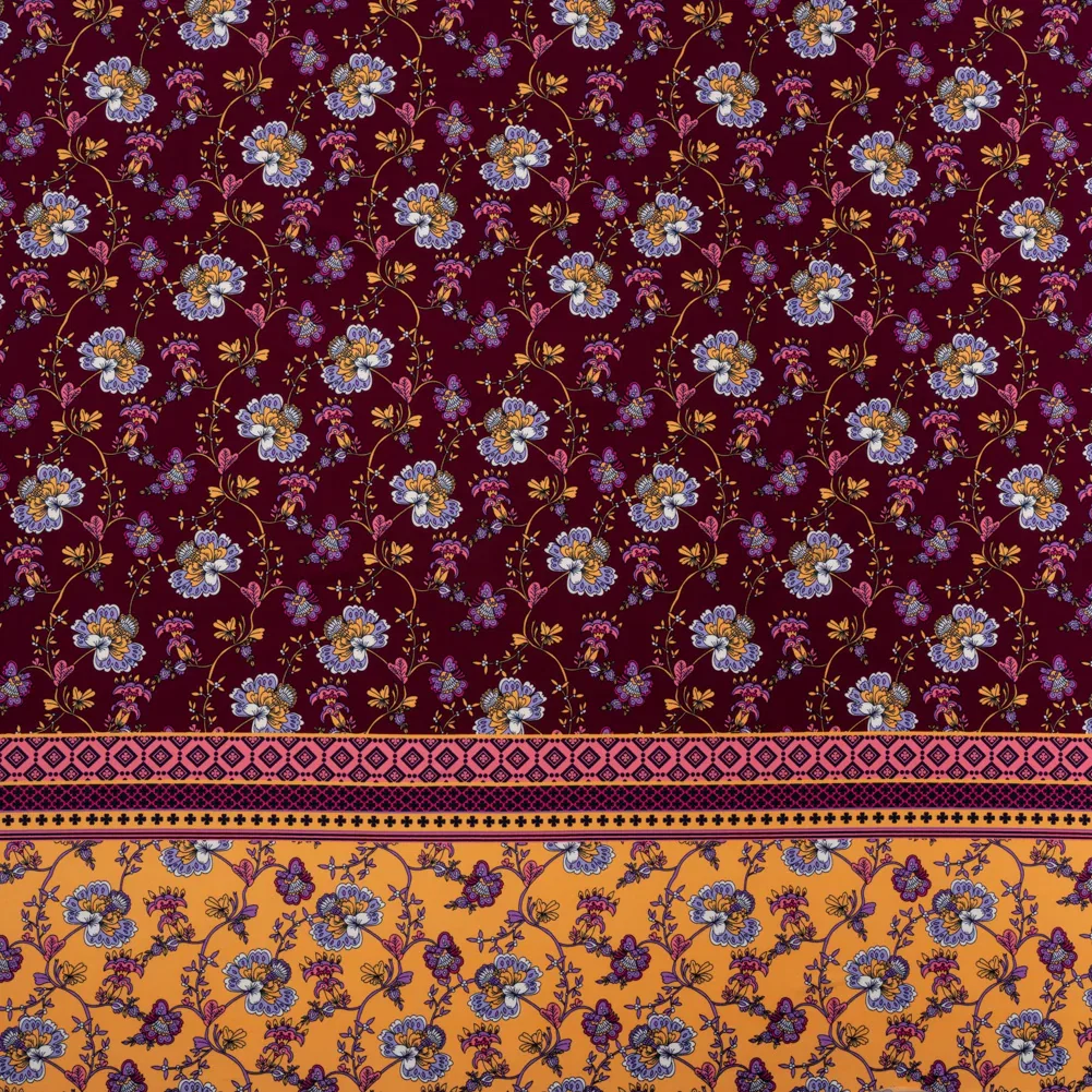 Image of Stretch Polyester Tricot Panel - Burgundy, Creamsicle and Lilac Floral Patchwork and Decorative Stripes - Designer Deadstock