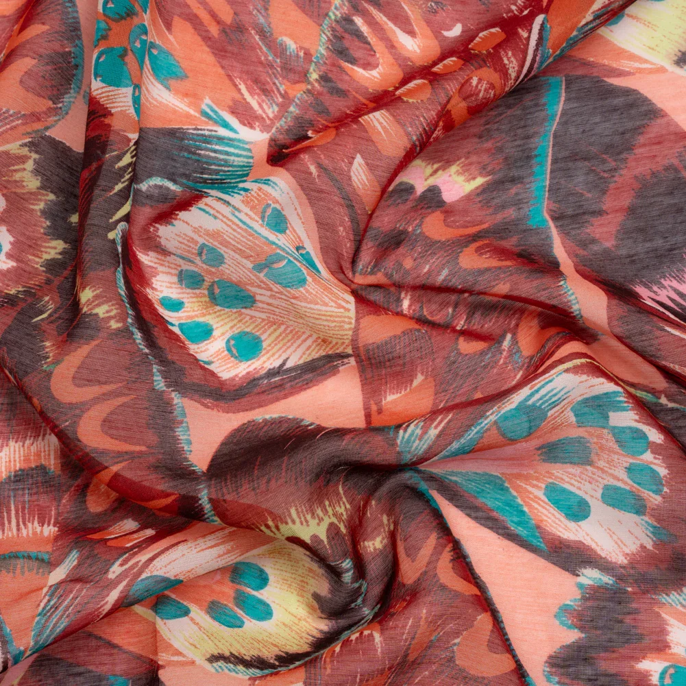 Image of Silk and Cotton Voile - Red, Pink and Turquoise Butterfly Wings