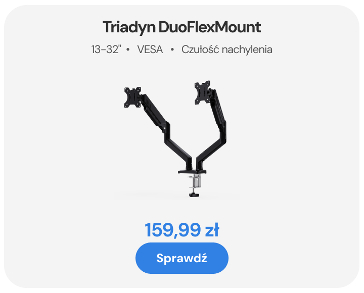 Nowy Uchwyt Biurkowy Triadyn DuoFlexMount na Dwa Monitory Telewizory 13-32“ Ergonomiczny Regulowany Obrotowy TRD-BLK-2AL-13“-32“