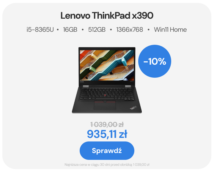 Lenovo ThinkPad x390 i5-8365U 16GB 512GB SSD 1366x768 Klasa A Windows 11 Home