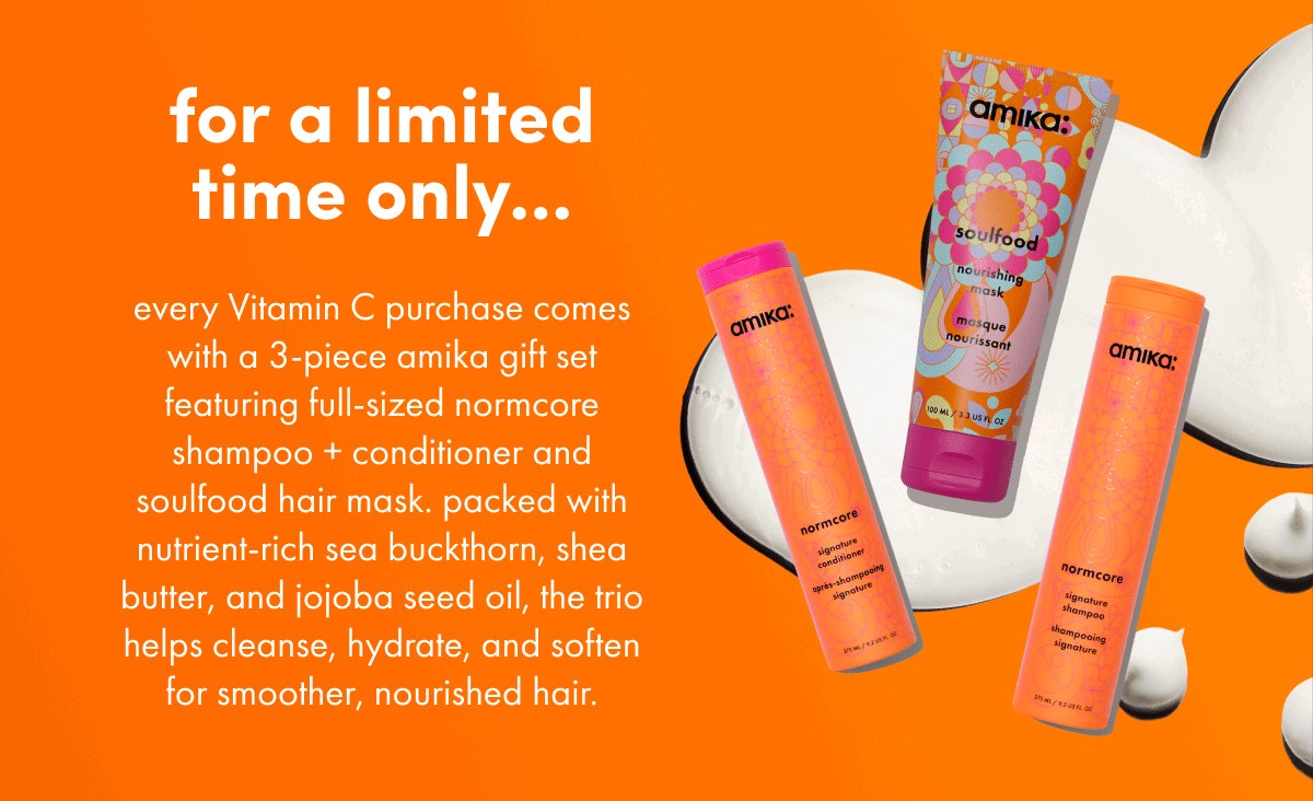 get a free amika gift set with every purchase of sproos Viitamin C