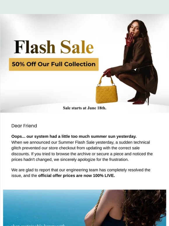 Oops! We had a glitch (But our up to 50% off sale is officially LIVE now!)