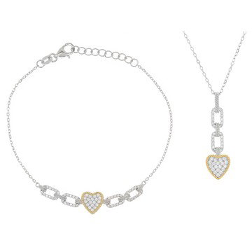 Cubic Zirconia Rhodium Over Silver and Eterno™ Yellow Heart Bracelet and Necklace Set 0.94ctw
