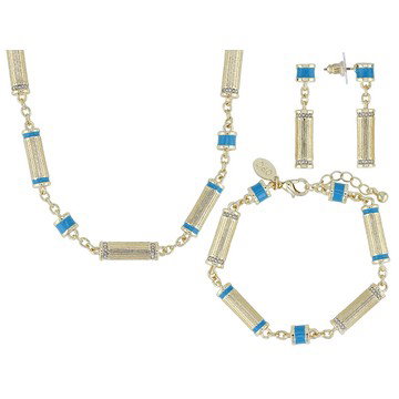 Turquoise Color Enamel & White Crystal Gold Tone Necklace, Bracelet & Earring Set