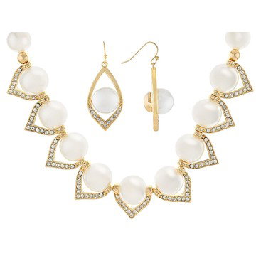 Pearl Simulant With Crystal Accent Gold Tone Necklace & Earring Set