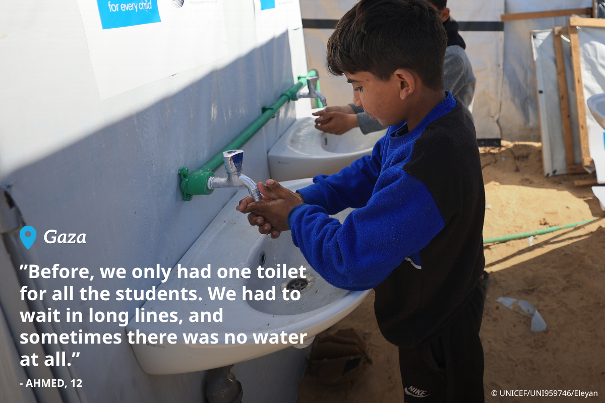 Ahmed, 12, washes his hands at the new handwashing facilities UNICEF installed at a temporary learning centre in Gaza.