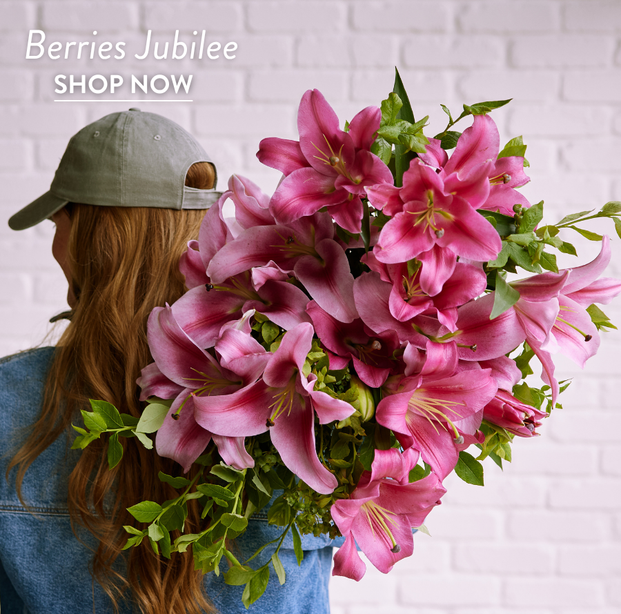 Product feature for “Berries Jubilee,” showing a hand holding a bouquet of bright pink lilies with greenery against a white brick background. Text on the right reads “Berries Jubilee” with a “Shop Now” link.