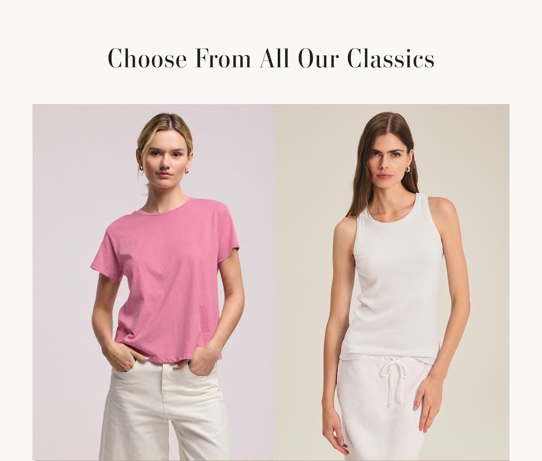 Image shows a model wearing the Tia Top in Sherbert, image shows a model wearing the Cruz Top in White, image shows a model wearing the Amaro Top in White, and image shows a model wearing the Samsen Top in Ice.