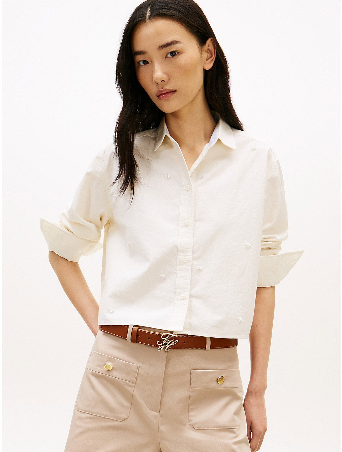 Image of Embellished Cropped Poplin Shirt