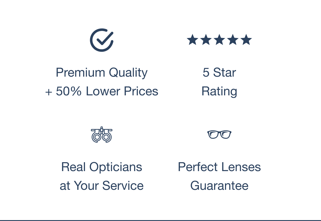 premium quality + 50% lower prices, 5-star rating, real opticians at your service, perfect lenses guarantee