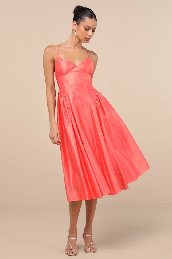 Image of Paride Shiny Coral Gathered Lace-Up Midi Dress