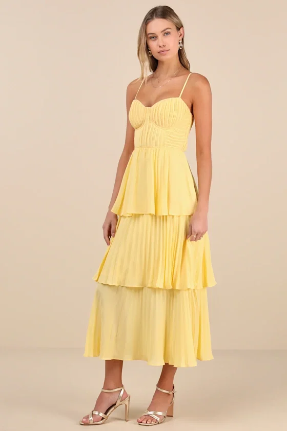 Image of Cascading Crush Yellow Tiered Bustier Midi Dress