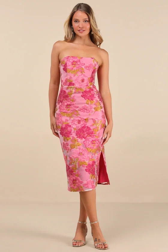 Image of Upgraded Event Pink Jacquard Strapless Bustier Midi Dress