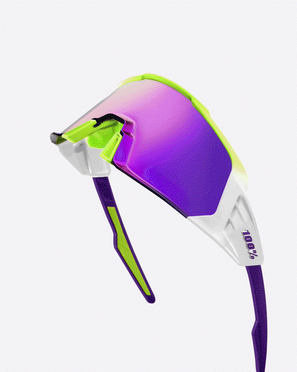 100% Korbin X Fluo Yellow sunglasses with white frame, neon yellow accents, purple temple arms, and purple mirrored lens, angled side view