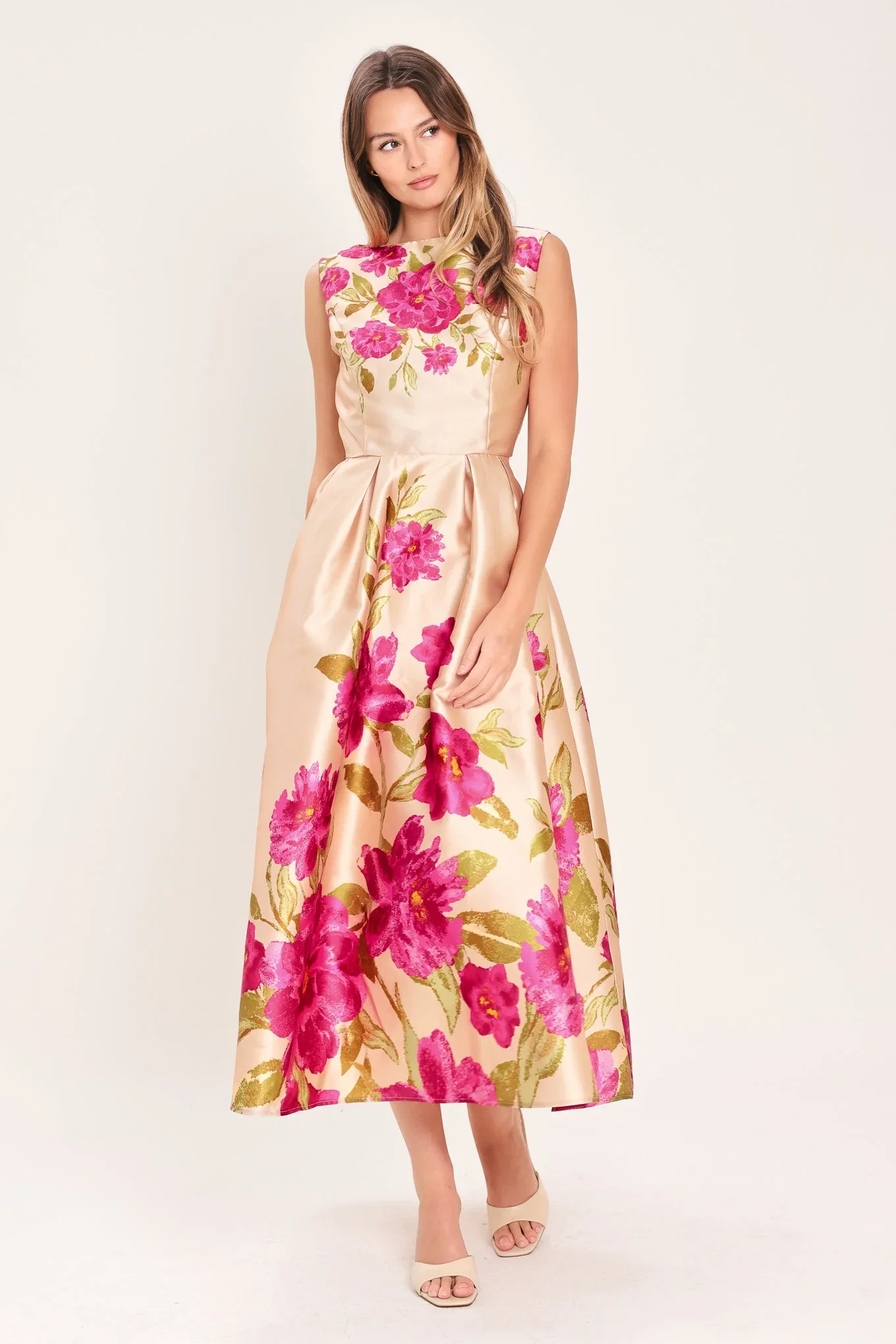 Image of Soft Satin Floral Woven Midi Dress