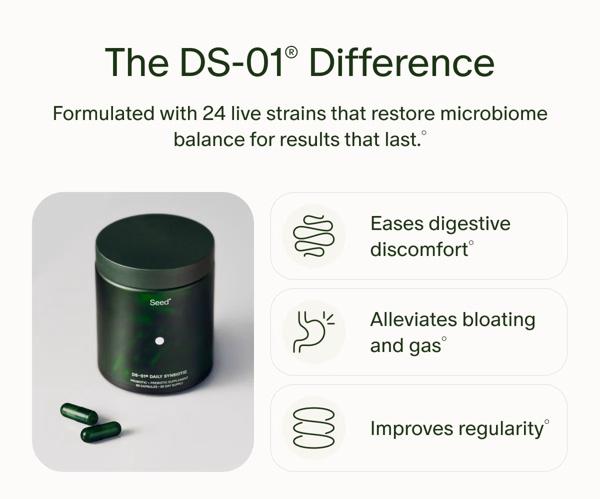 The DS-01® Difference | Formulated with 24 live strains that restore microbiome balance for results that last.° | Eases digestive discomfort° | Alleviates bloating and gas° | Improves regularity°