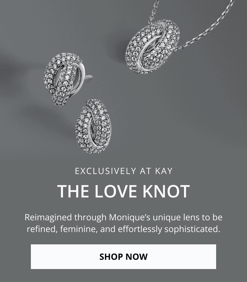A love knot necklace and matching earrings. Exclusively at Kay. The Love Knot. Reimagined through Monique’s unique lens to be refined, feminine, and effortlessly sophisticated. Click Shop Now. 