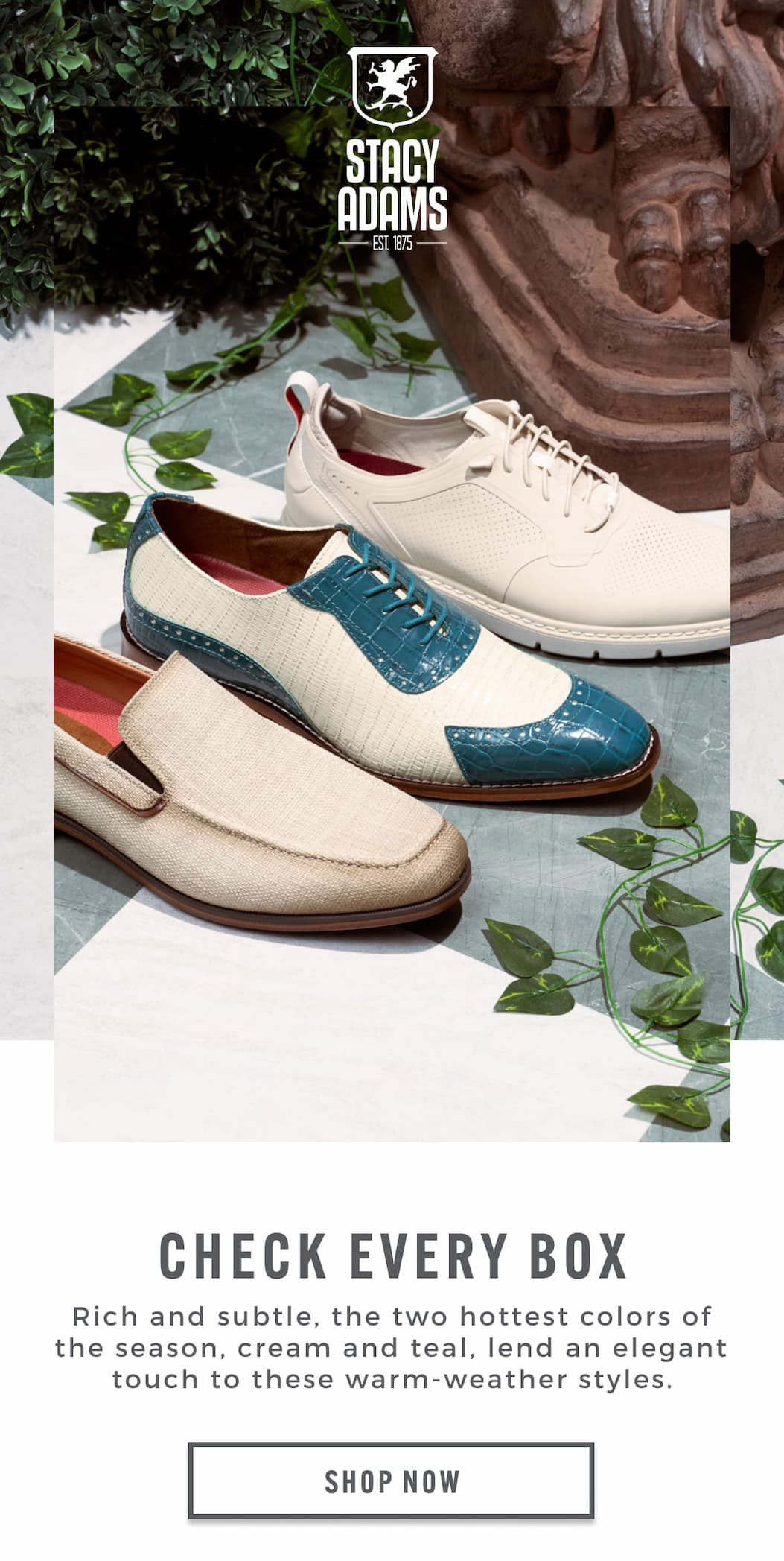 Rich and subtle - cream and teal lend an elegant touch to warm-weather styles. Display images to learn more.