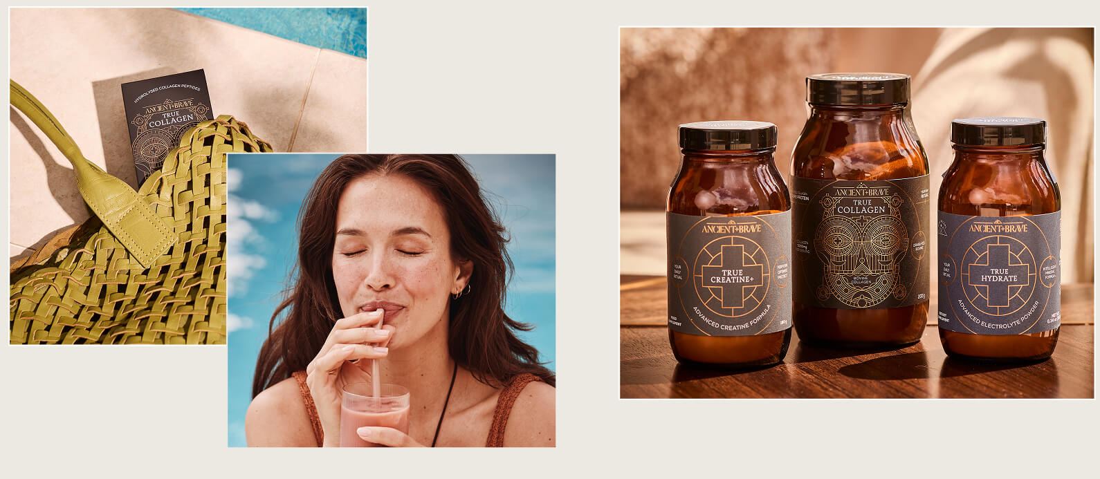 A collage of images featuring Hush accessories and Ancient + Brave products.