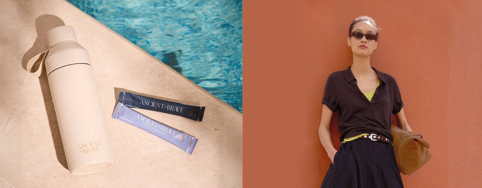 Ancient + Brave Limited Edition Ocean Bottle with sachets and an image from the Hush Summer Campaign