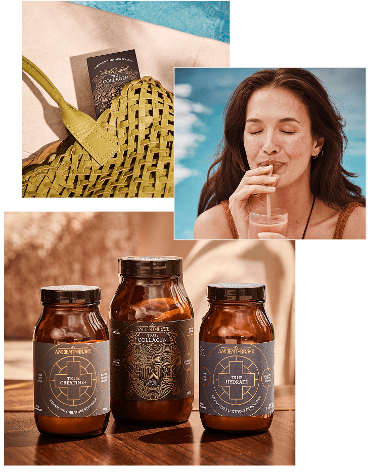 A collage of images featuring Hush accessories and Ancient + Brave products.
