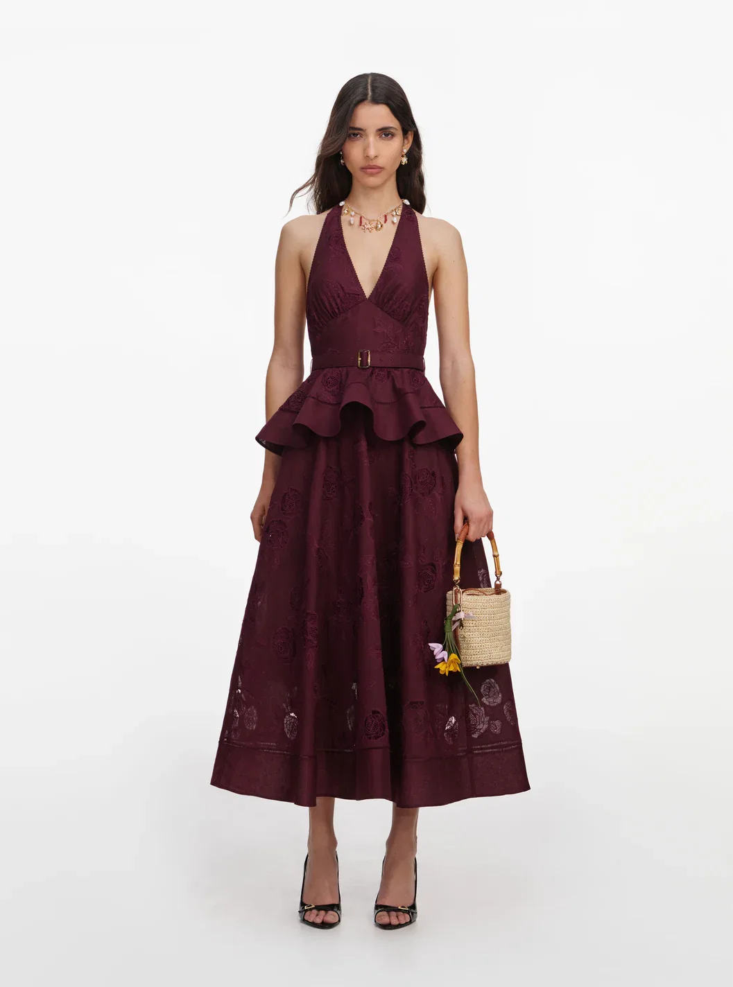 PLUM LINEN BLEND PEPLUM MIDI DRESS