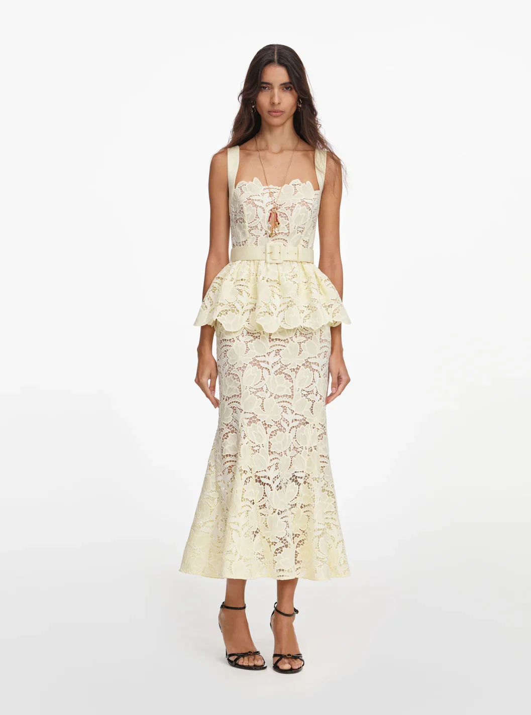 YELLOW LACE PEPLUM MIDI DRESS