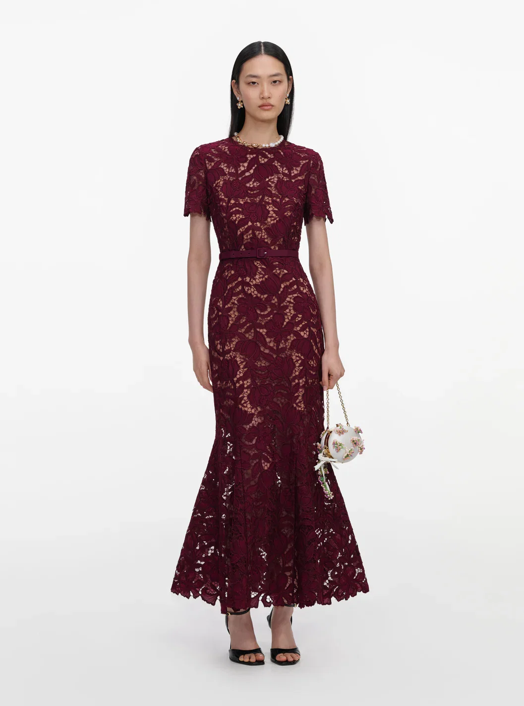 BURGUNDY LACE MIDI DRESS