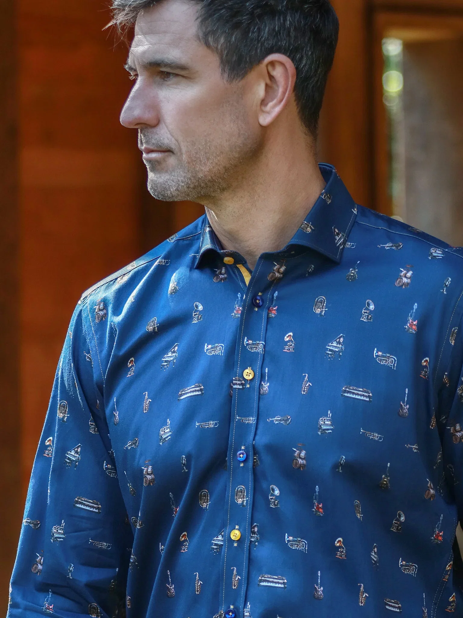 Image of MUSICAL INSTRUMENT PRINT SATIN COTTON SHIRT